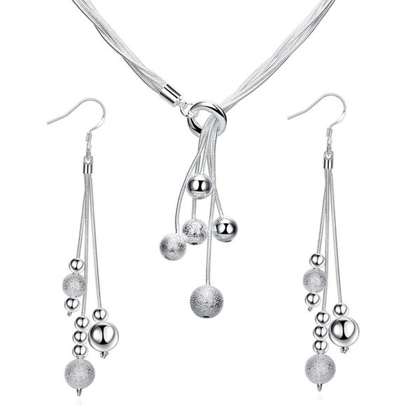NEW Sterling Silver Beaded Tassel Y Shape Necklace and Dangle Earrings B… - Picture 3 of 7